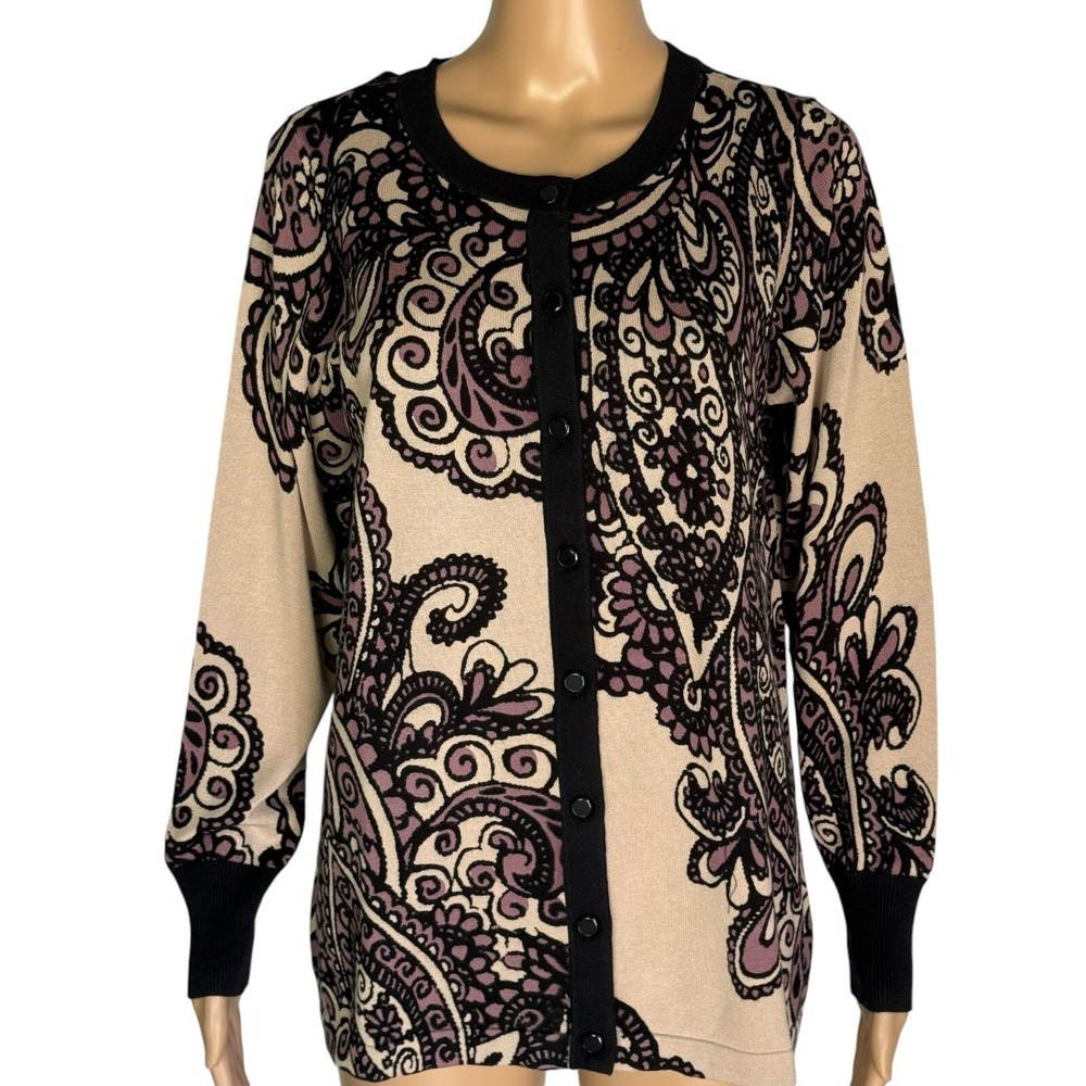 Bob Mackie Wearable Art Paisley Cardigan Sweater Tan Purple Black A288458 Small
